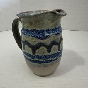 ART POTTERY SIGNED  PITCHER Glazed Blue & Grey Stoneware  Pottery, 5.5”